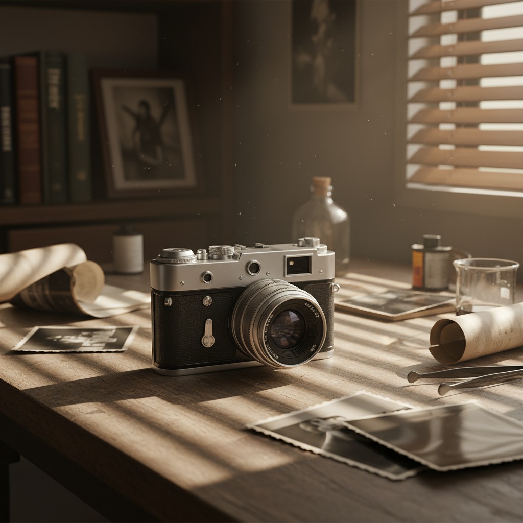 A vintage-style camera sits atop a cluttered desk in a well-lit room, surrounded by various objects and natural light stre...